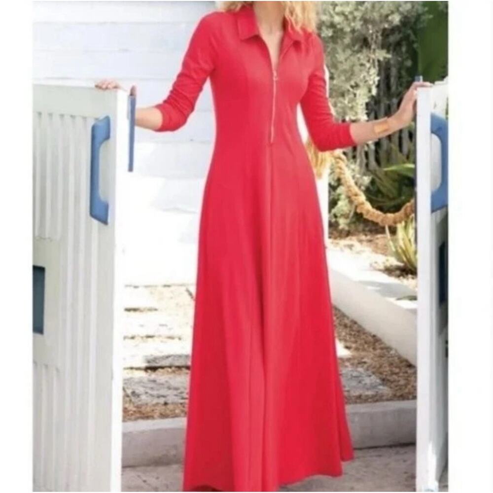 Soft Surroundings Maxi Dress Petite Size L Coral Pink Long Sleeve Pockets 3C889